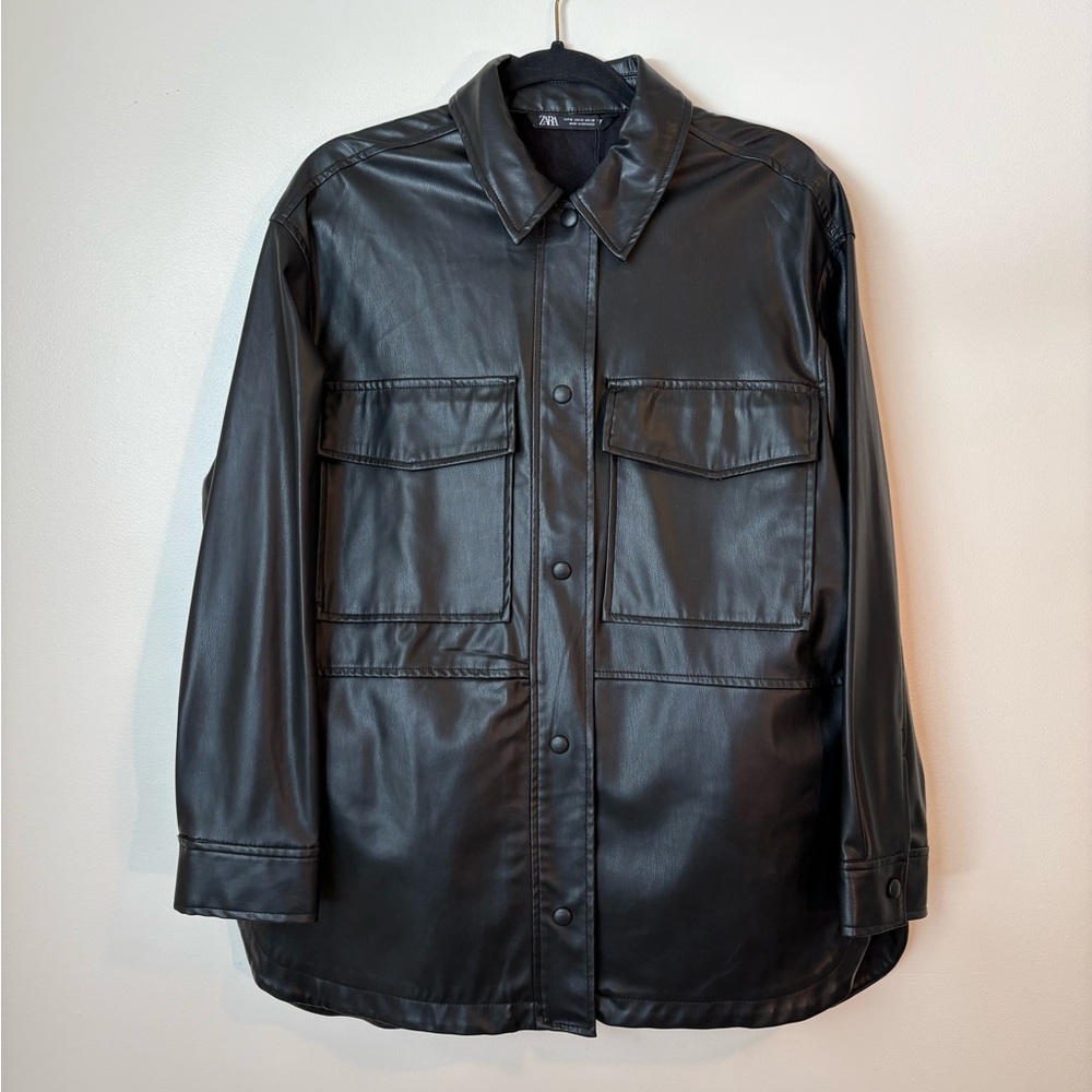 Zara Faux Leather Overshirt Black Oversized Snap - Picture 2 of 10